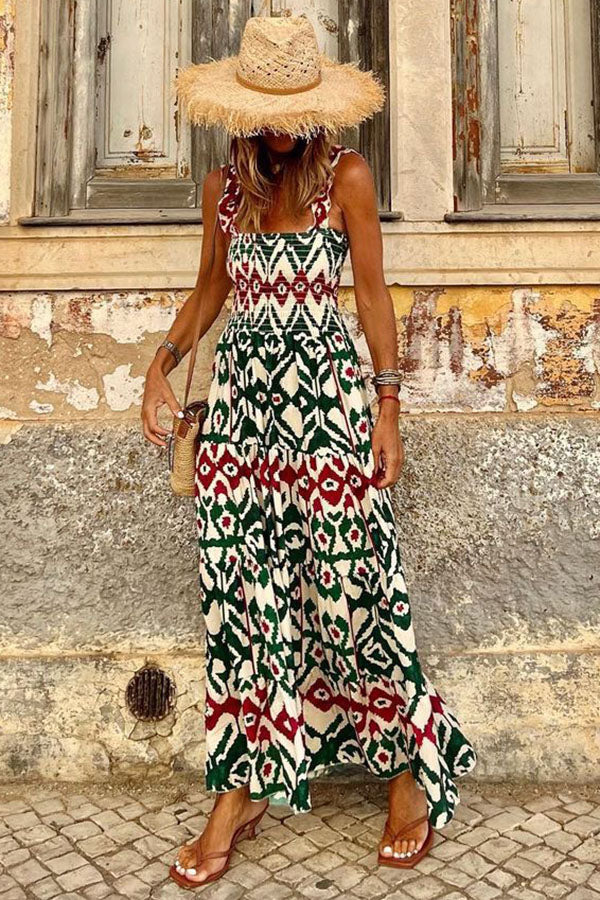 Timeless Beauty Printed Smocked Vacation Maxi Dress