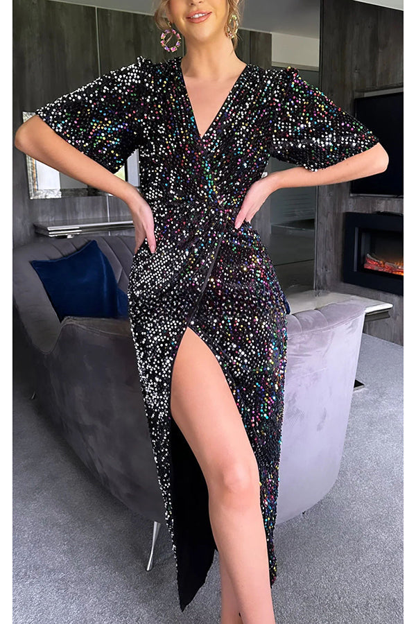 Glow All Night Sequin Bell Sleeves Slit Party Maxi Dress