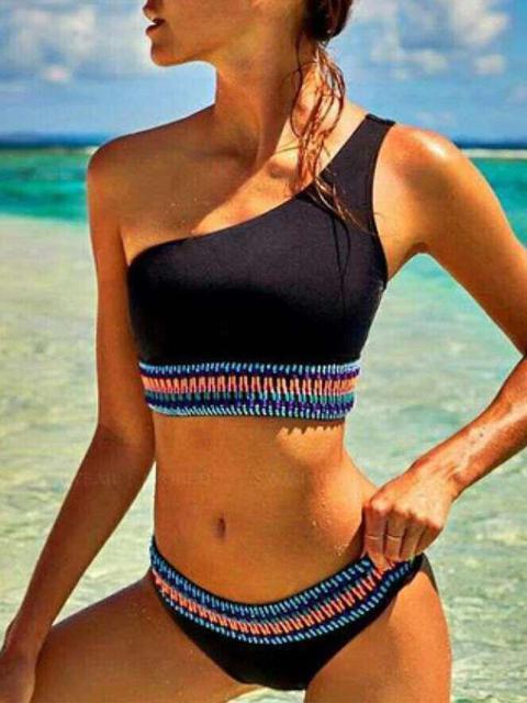 One Shoulder Strap Black Bikini Set