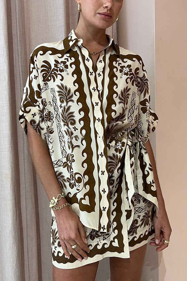 Embrace Hot Nights Linen Blend Ethnic Print Button Shirt and Knotted Waist Mini Skirt Set