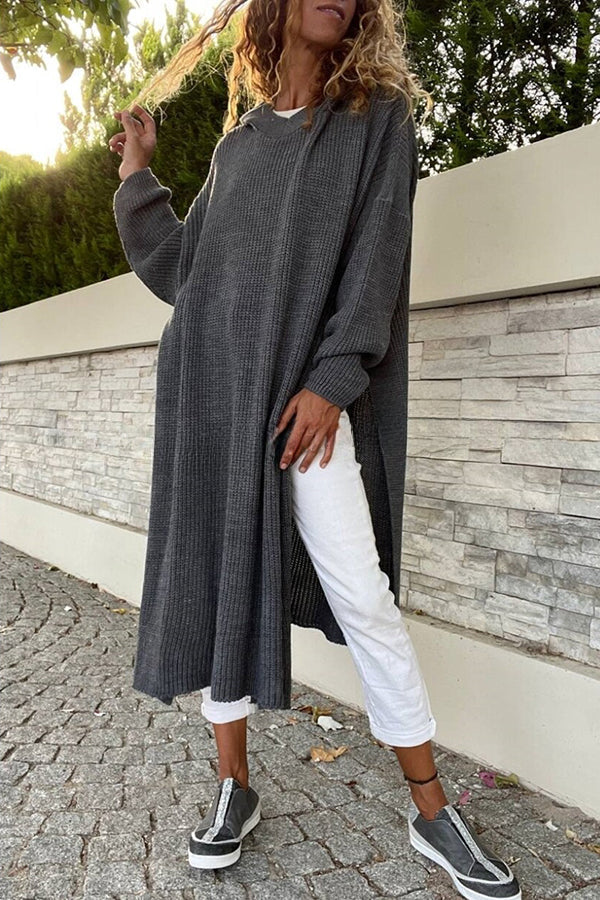 Comfortable Urban Style Hooded Side Slit Loose Midi Sweater