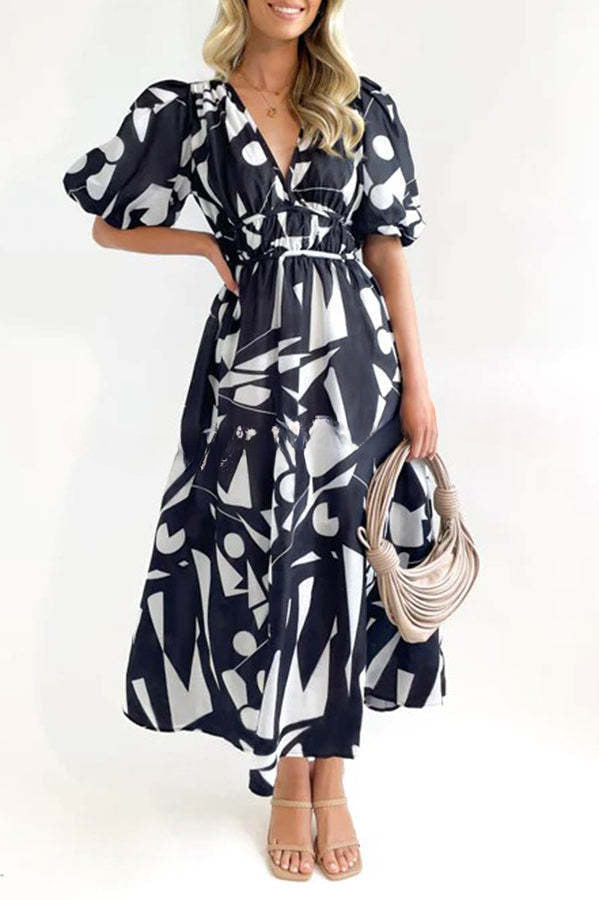 V Neck Multi Print Stretch Waist Hidden Zip Maxi Dress