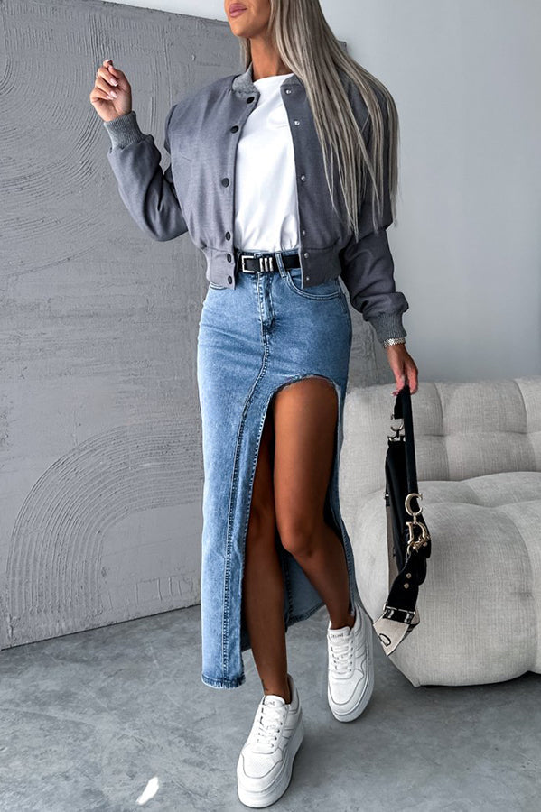 Updated Style Denim High Waisted Slit Irregular Midi Skirt