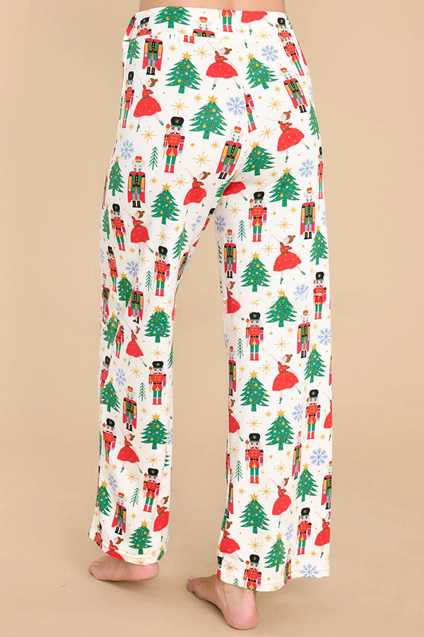 Dancing Holiday Nutcracker Print Elastic Waist Pocketed Pajama Set