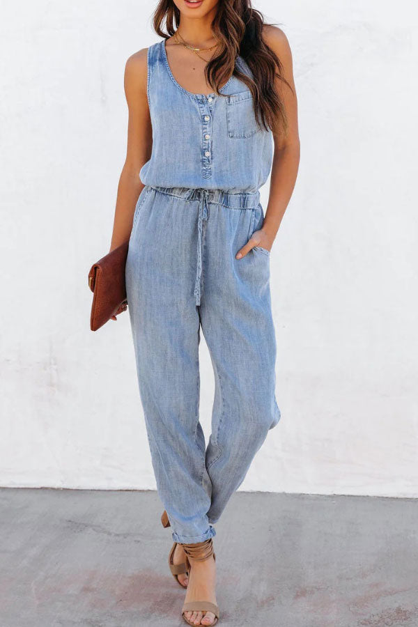 Casual Washed Waist Belt Denim Jumpsuit