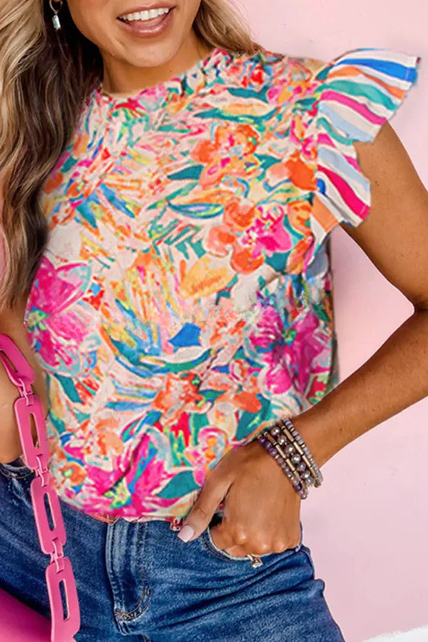 Round Neck Abstract Colorful Print Top