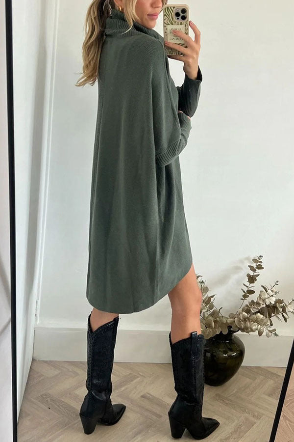 Perfect  Winter Walks Knit Turtleneck High-low Hem Loose Midi Sweater