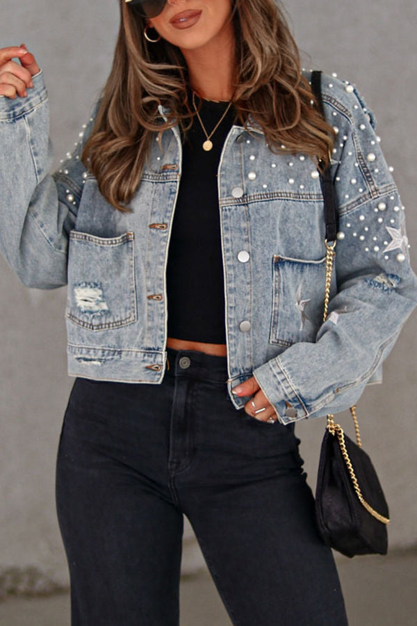 North Star Embellished Beaded Pocketed  Denim Jacket