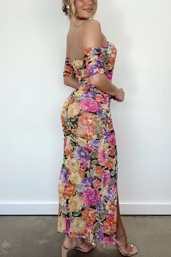 Perfect Guest Look Floral Off Shoulder Ruched Slit Maxi Dress