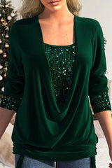 Christina Sequin Drape Neck Ruched Top