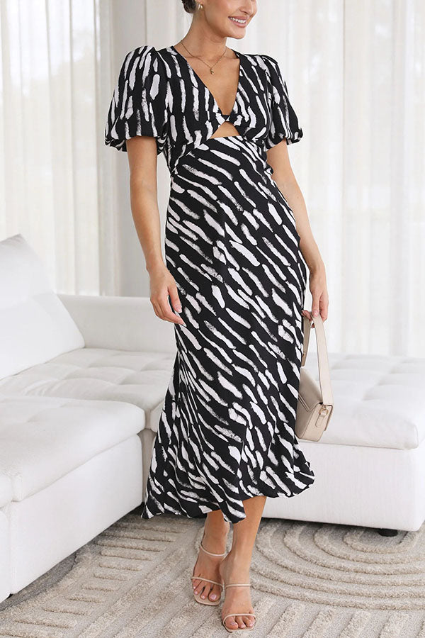 Sweetest Hello Printed Balloon Sleeves Twist Midi Dress