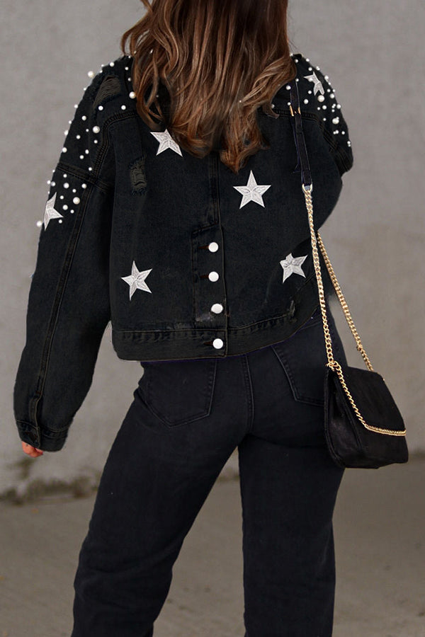 North Star Embellished Beaded Pocketed  Denim Jacket