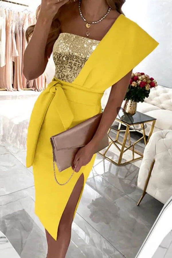 Gorgeous Day Sequins Patch One Shoulder Midi Dress