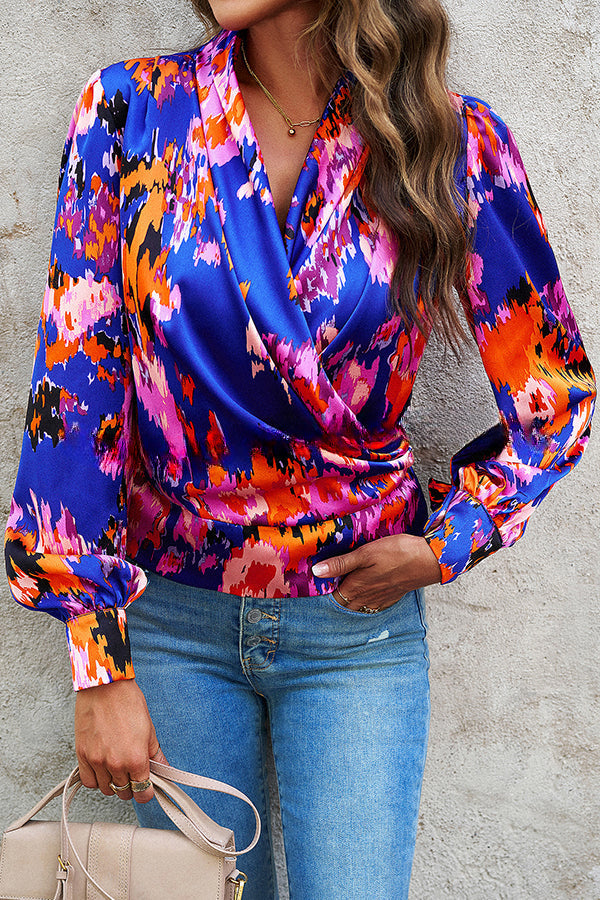 Irregular Pattern Printed Pullover V Neck Long Sleeved Shirt