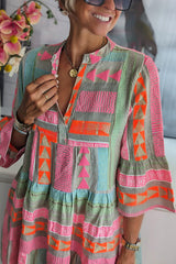 Just My Type Linen Blend Colorful Ethnic Print Bell Sleeve Babydoll Mini Dress
