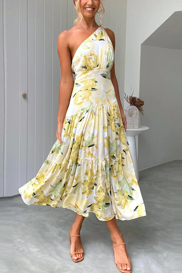 Just Met You Floral Knot Detail One Shoulder Tiered Maxi Dress