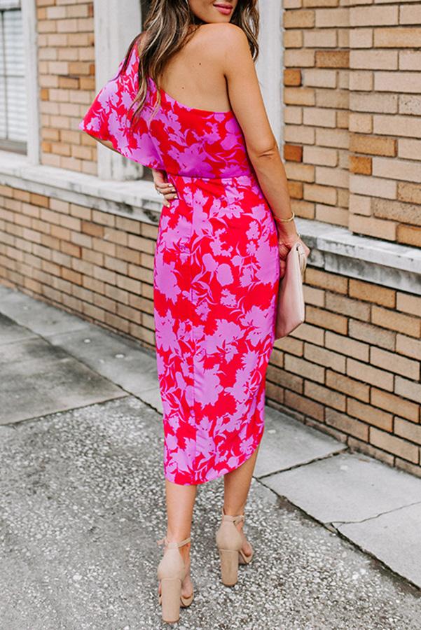 One Shoulder Floral Drape Party Dress