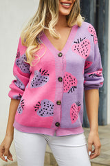 V Neck Button Down Strawberry Pattern Cardigan