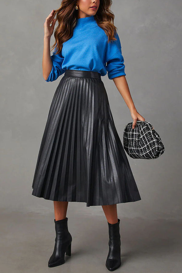 Elevated Classic Faux Leather High Waist Pleated Midi Skirt