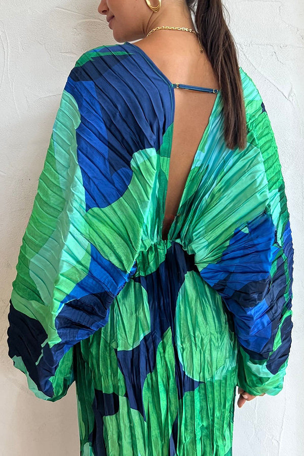 Tropical Oasis Capri Print Kimono Sleeve Pleated Cocoon Maxi Dress