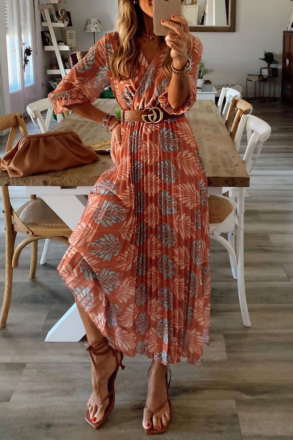 Botanical Print Pleated Long Sleeved Maxi Dress