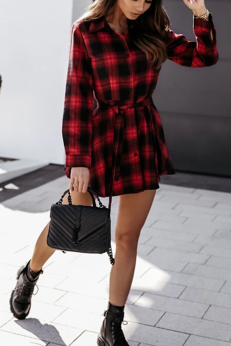 V Neck Plaid Shirt Dress