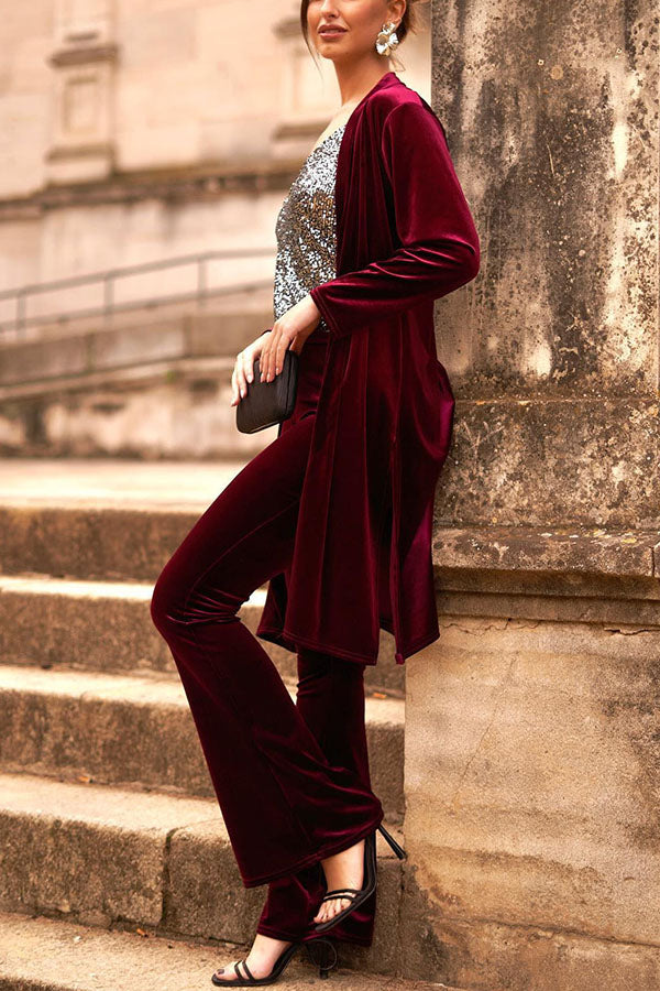 Luxe Lady Velvet Long Sleeve Open Front Drape Midi Kimono