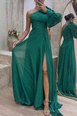 Pretty First Solid Color Floral Pleated One Shoulder Sleeve Slit Maxi Dress