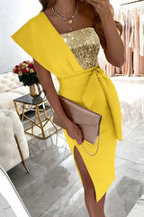 Gorgeous Day Sequins Patch One Shoulder Midi Dress