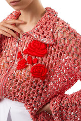 Festive Flicker Knit Sequin Rose Embroidery Pattern Hollow Out Zipper Cardigan