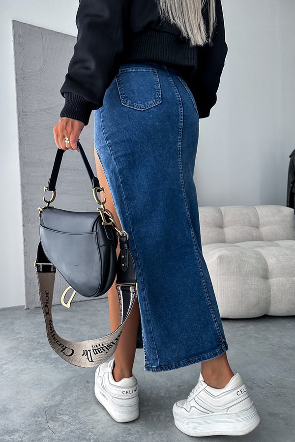 Updated Style Denim High Waisted Slit Irregular Midi Skirt