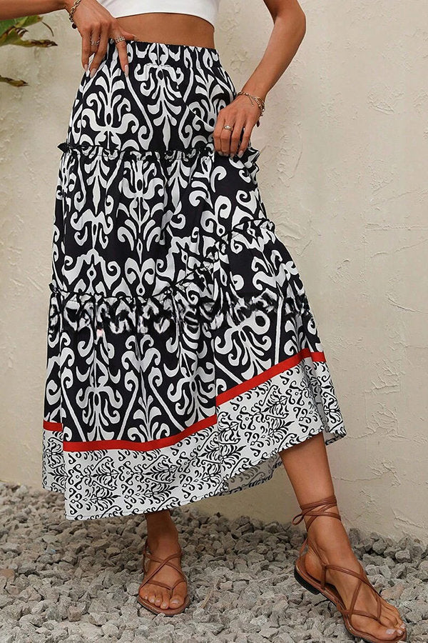 Rosine Ethnic Print Elastic Waist Tiered Midi Skirt