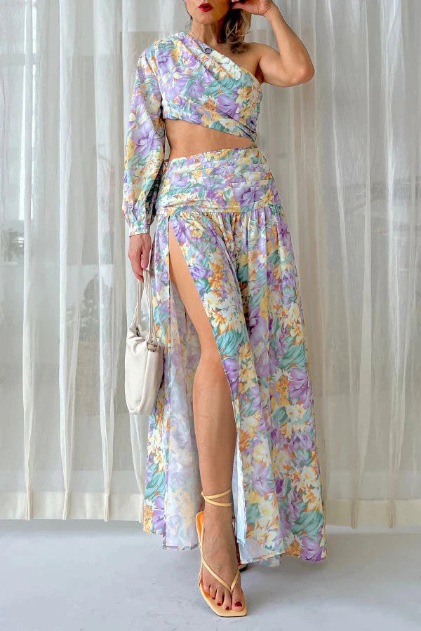 Sweet Flower Off-the-shoulder Slit Skirt Two-piece Set