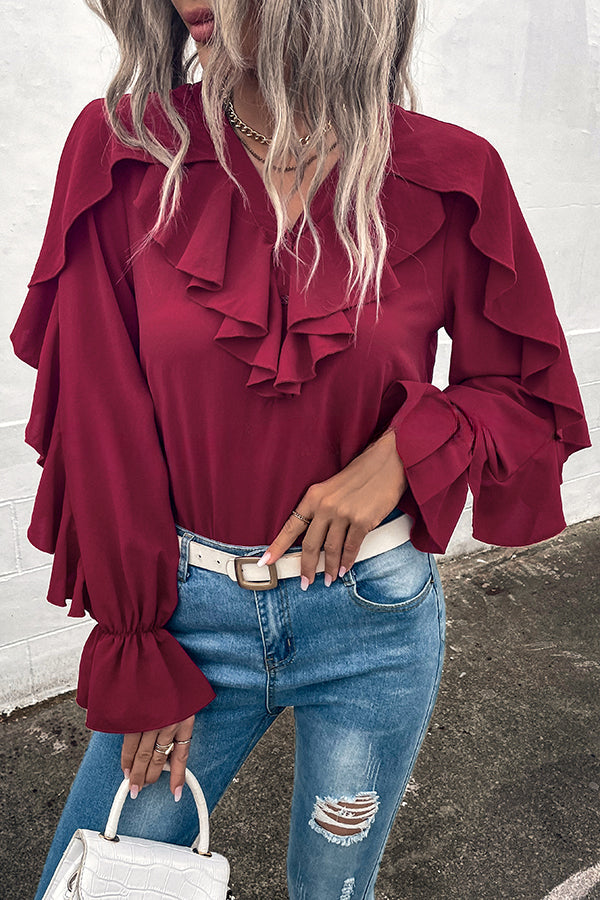 Ruffled Sleeve V Neck Button Down Commuter Shirt