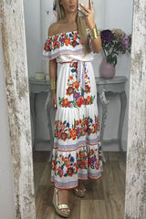 For A Season Floral Printed Off Shoulder Belt Maxi Dress