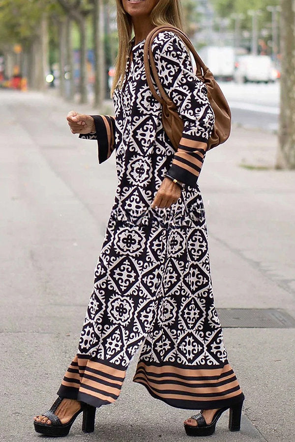 Basically Perfect Geometry Printed Long Sleeve Casual Maxi Dress