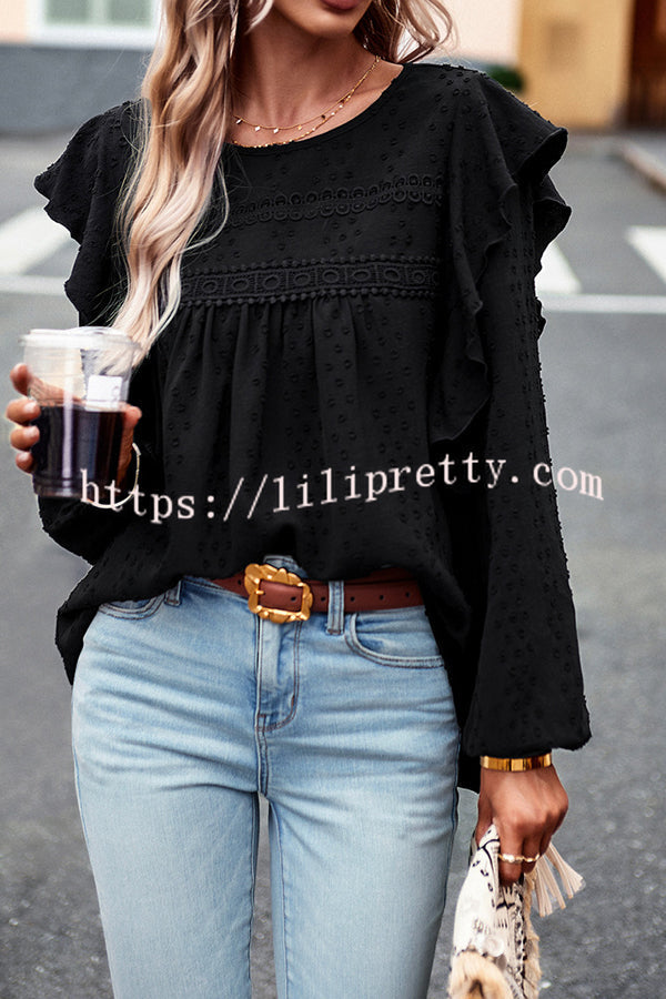 Textured Lace Fabric Ruffle Long Sleeve Blouse