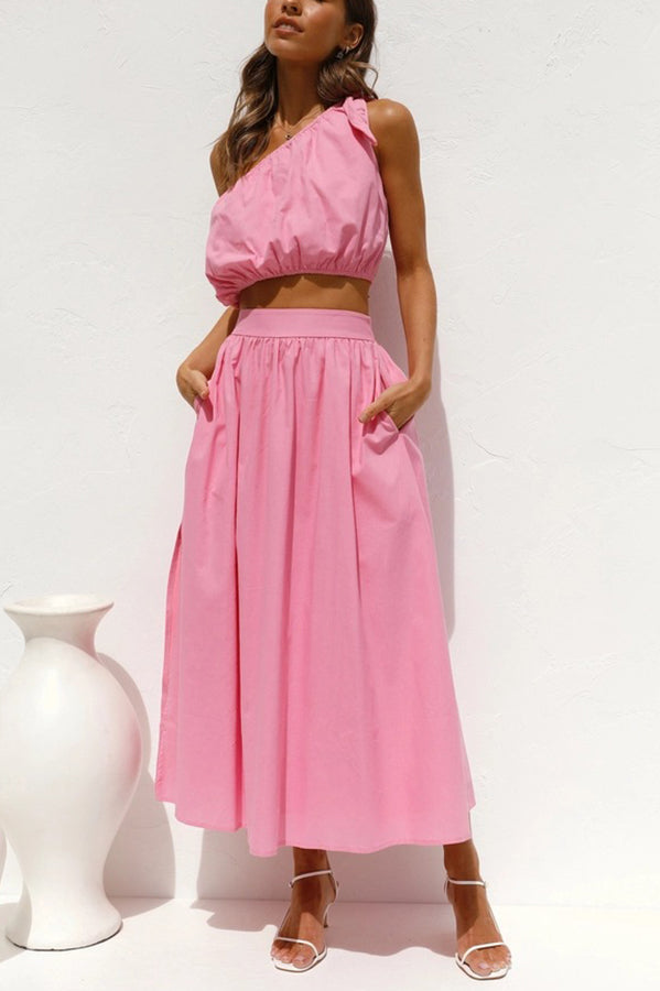 Chasing Sunshine Tie One Shoulder Pocketed Midi Skirt Set