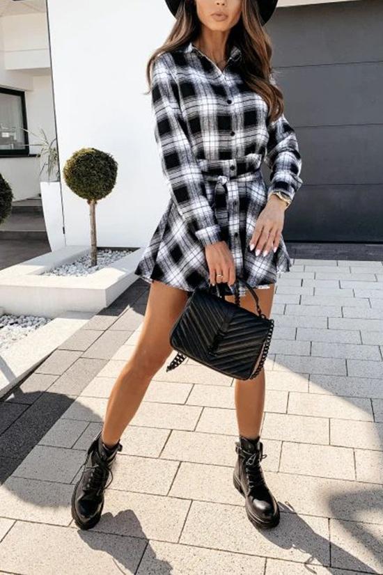 V Neck Plaid Shirt Dress