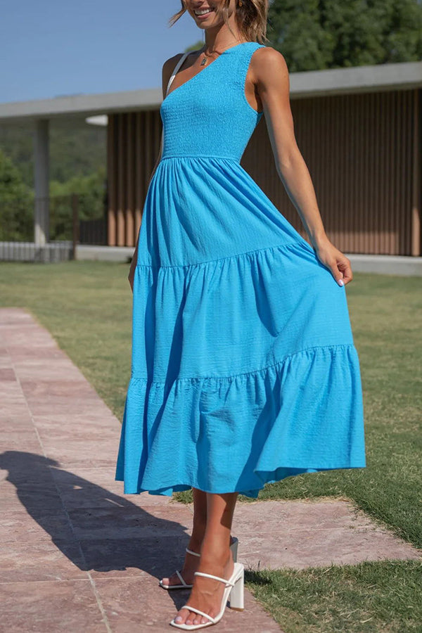 Simply Charmed Pocketed Smocked One Shoulder Tiered Midi Dress