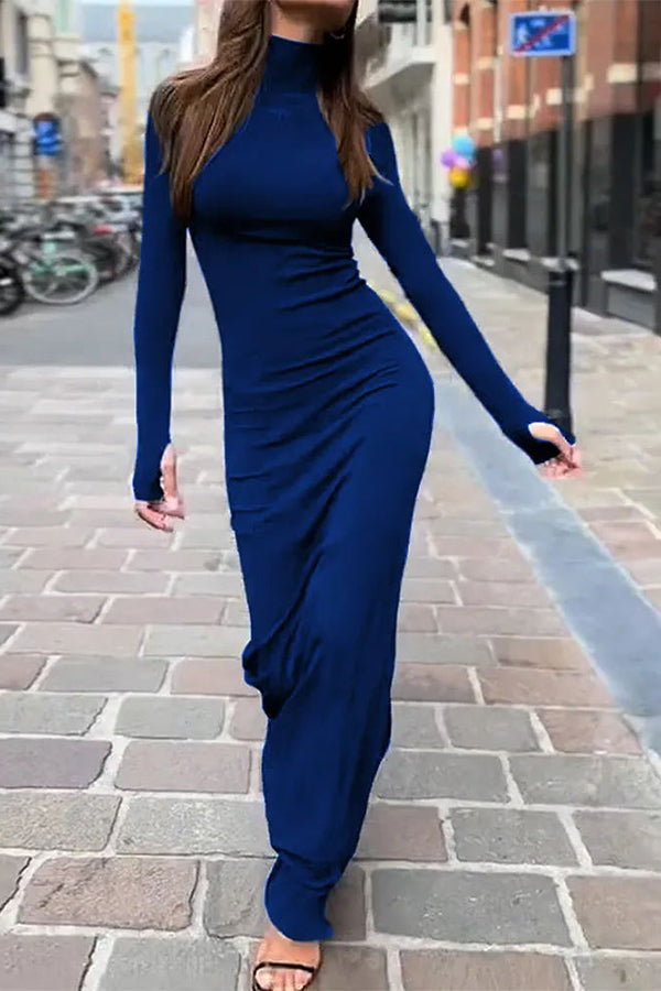 Need and Want Turtleneck Solid Long Sleeves Stretch Maxi Dress