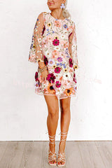 Dahlia Dreaming Embroidered Floral Applique Half Sleeve Mini Dress