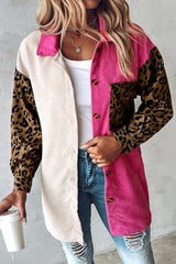 Colorblock Leopard Print Corduroy Long Sleeved Button Down Coat