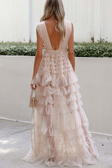 Dreamiest Statement Tiered Nude Tulle Maxi Dress