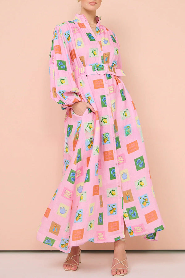 Vacation Essential  Emblem Print Balloon Sleeve Belted Shirt Maxi Dress