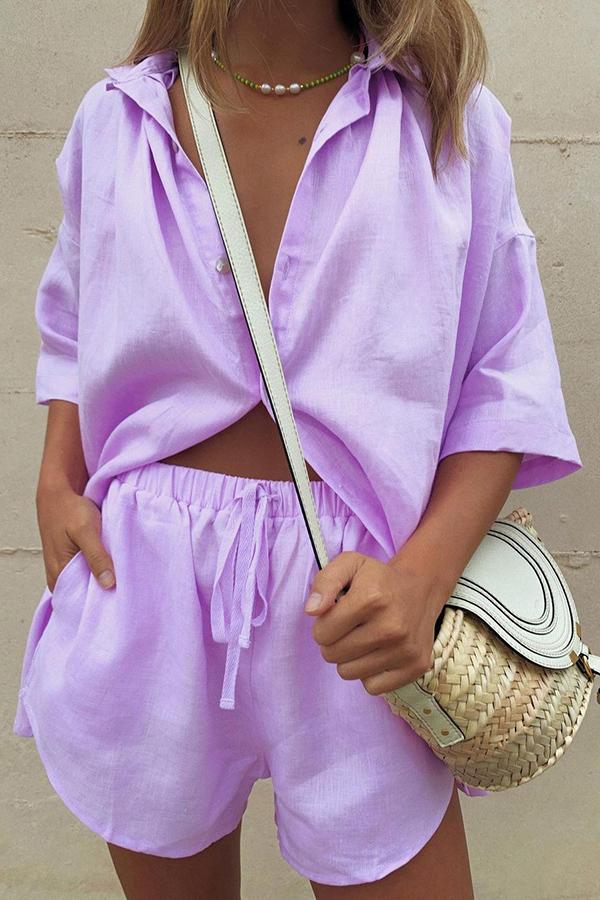 Beyond The Waterfall Button Down Loose Blouse Shorts Suits