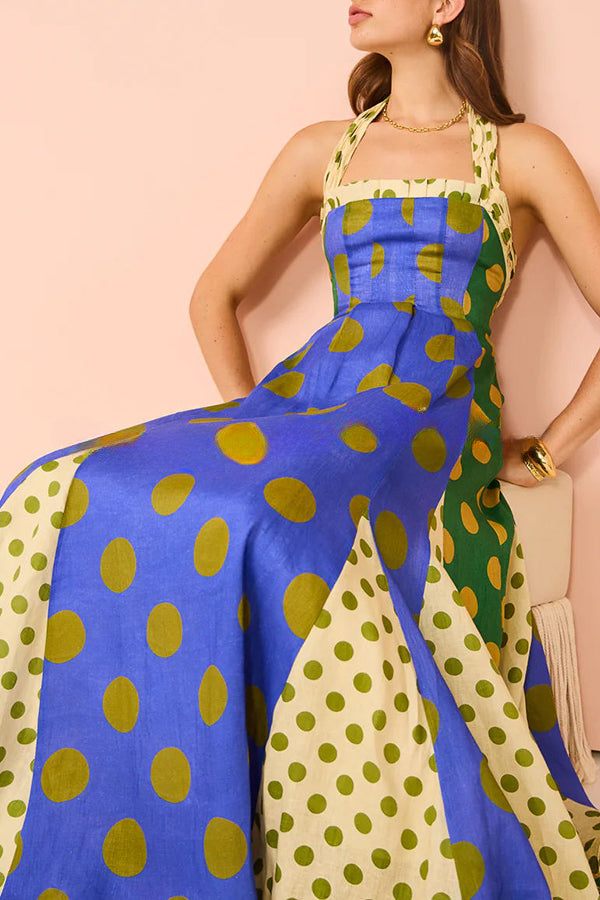 Contrast Color Polka Dot Print Back Zipper Halter Button Maxi Dress