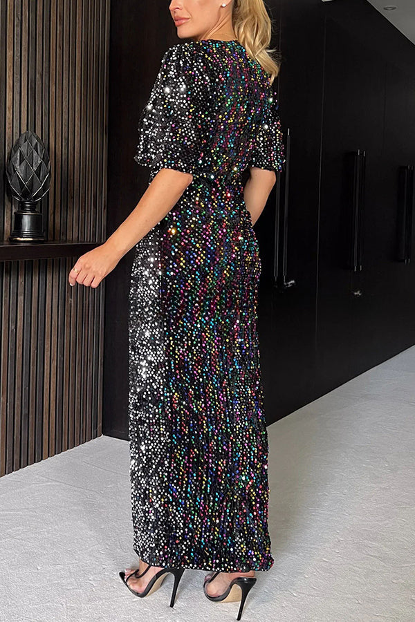 Glow All Night Sequin Bell Sleeves Slit Party Maxi Dress