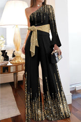 Queendom Metallic Color Print One Shoulder Pants Suit