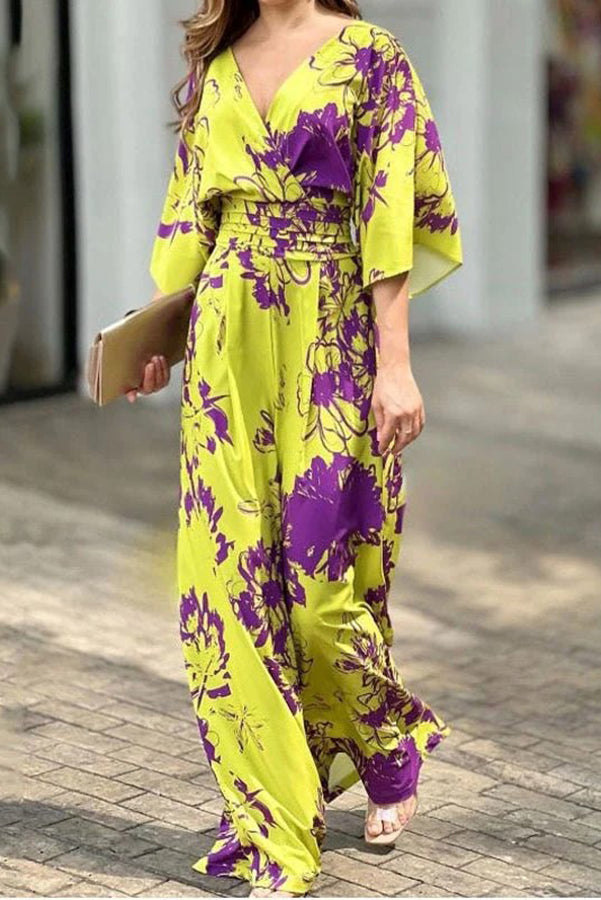 Dolman Sleeved Floral Print Stretch High Rise Maxi Jumpsuit